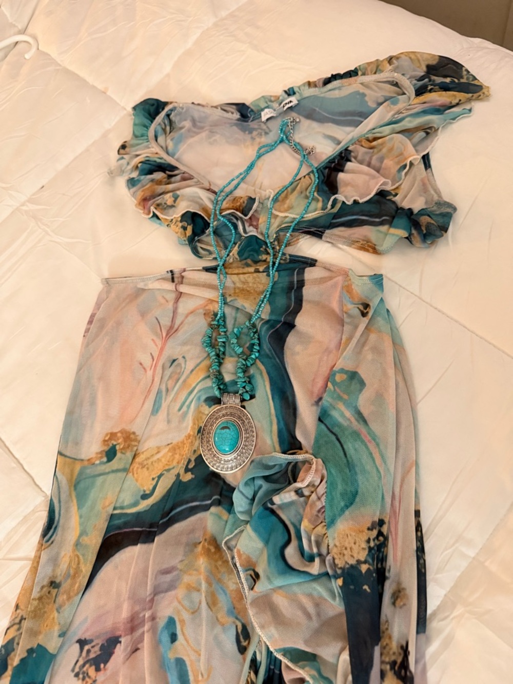 Fashion Nova Teal Marble-Print Maxi Dress with Turquoise Necklace
